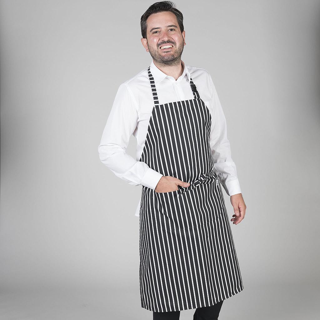 161000-706 - DELANTAL ESTAMPADO HEBILLA 95X75 CM RAYAS NEGRO/BLANCO