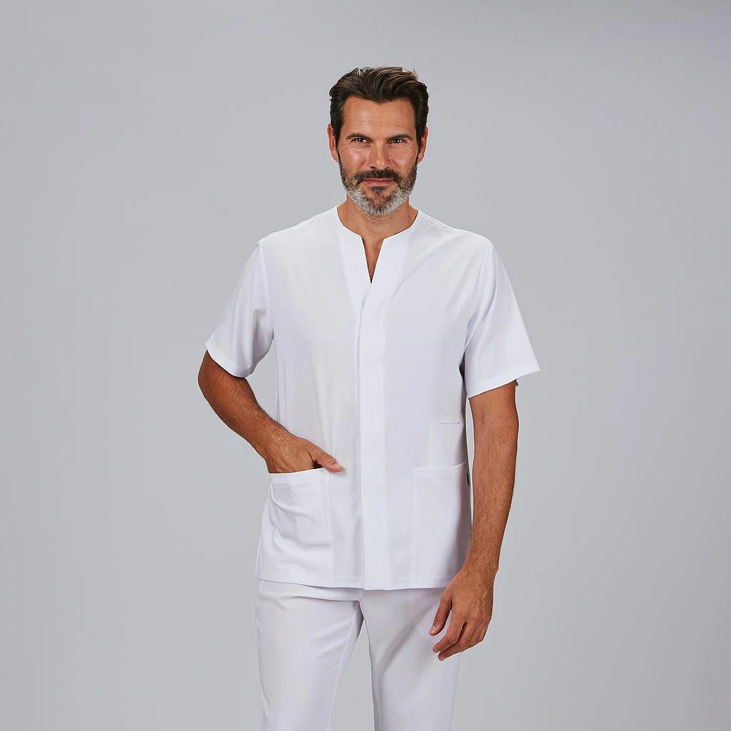 600115-101 - BLUSA HOMBRE ABIERTA CUELLO PICO M/C ALONSO BLANCO