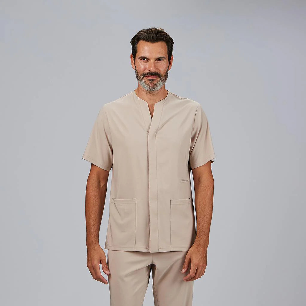 600115-110 - BLUSA HOMBRE ABIERTA CUELLO PICO M/C ALONSO BEIGE