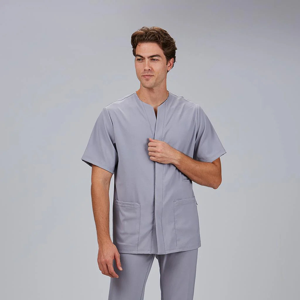 600115-117 - BLUSA HOMBRE ABIERTA CUELLO PICO M/C ALONSO GRIS PERLA