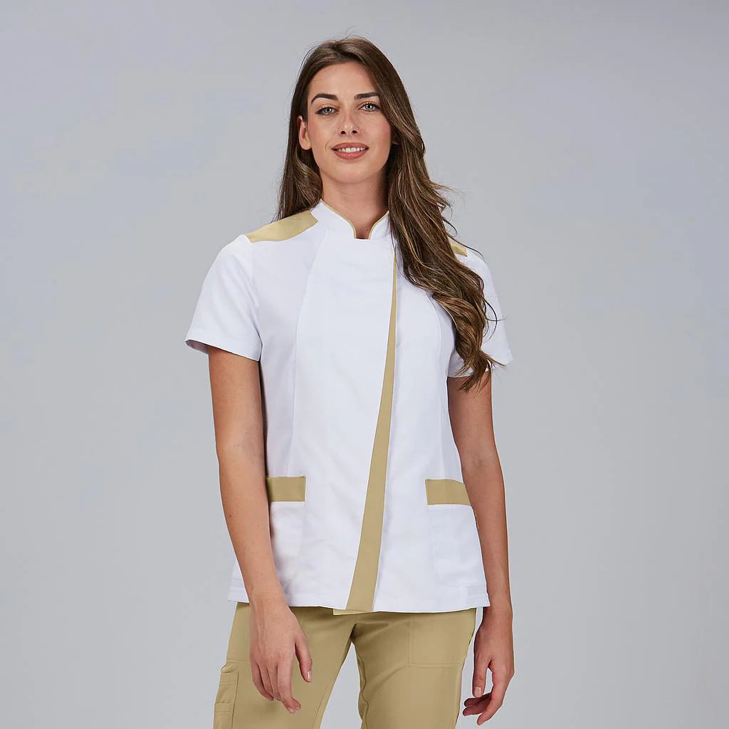 600116-151 - BLUSA MUJER ABIERTA CUELLO MAO M/C JUDIT CAMEL