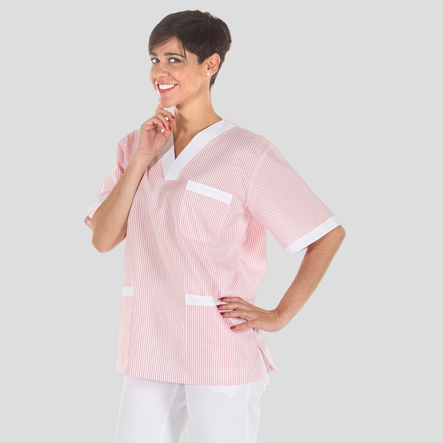 647000-406 - BLUSA SANITARIO UNISEX PICO VICHY COMBINADA RAYA ROSA