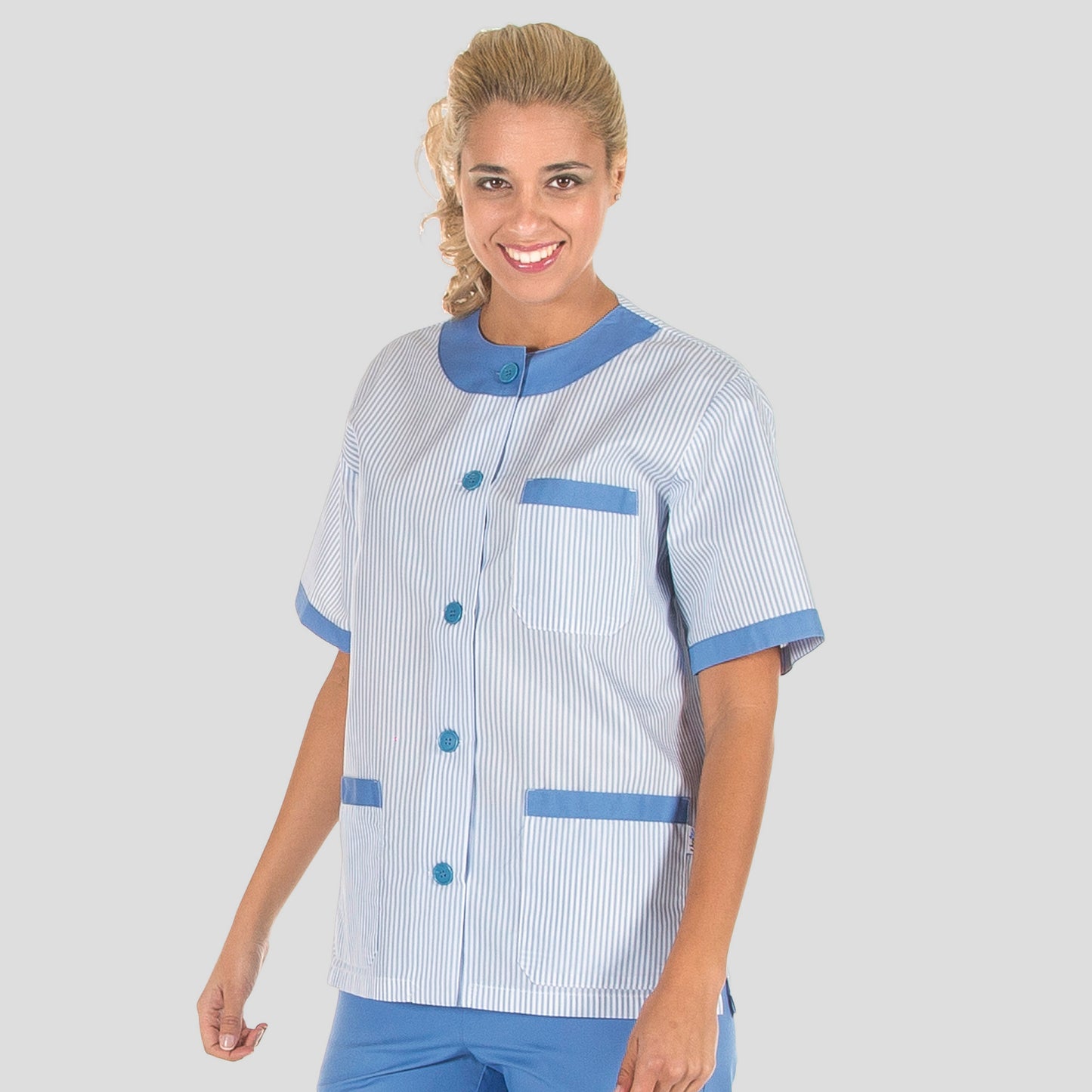 648000-403 - BLUSA SANITARIO UNISEX ABOTONADA VICHY COMBINADA RAYA CELESTE