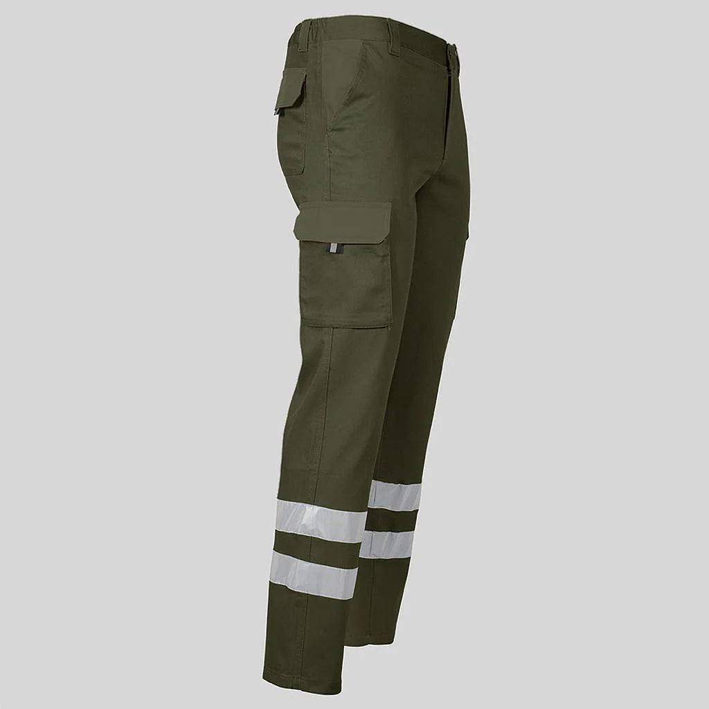 7501BR-149 - PANTALON UNISEX MULTIBOLSILLOS ELASTICO GAMO 2 BANDAS REFLECTANTES VERDE CAQUI