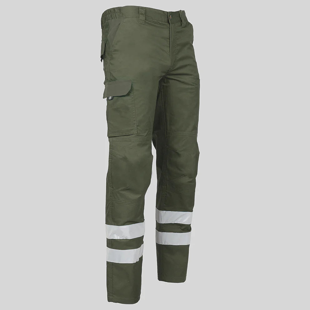 7502BR-149 - PANTALON UNISEX MULTIBOLSILLOS ELASTICO ARCE 2 BANDAS REFLECTANTES VERDE CAQUI