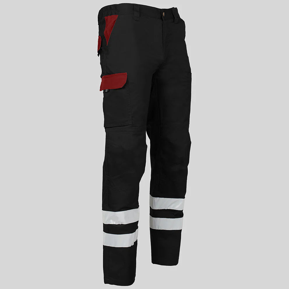 7502CB-001112 - PANTALON UNISEX MULTIBOLSILLOS ELASTICO ARCE COMBI + 2 BANDAS REFLECT. NEGRO/BURDEOS