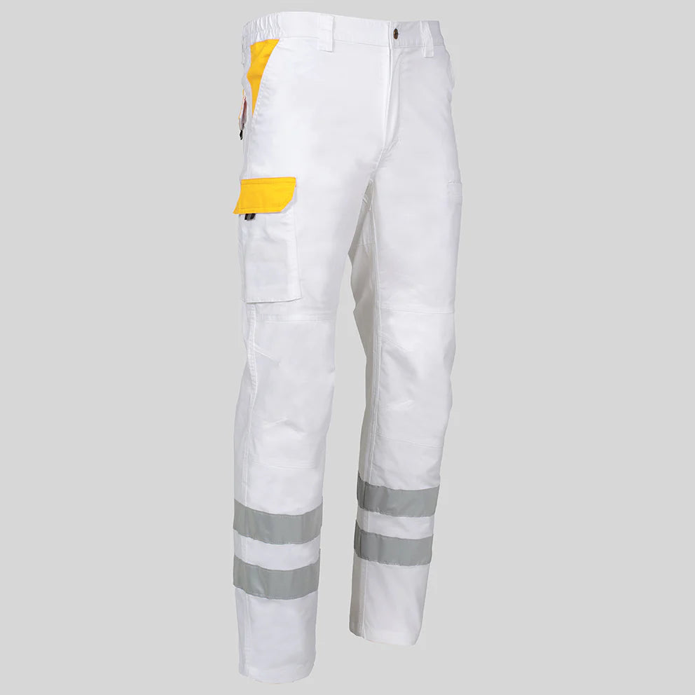 7502CB-101111 - PANTALON UNISEX MULTIBOLSILLOS ELASTICO ARCE COMBI + 2 BANDAS REFLECT. BLANCO/AMARILLO