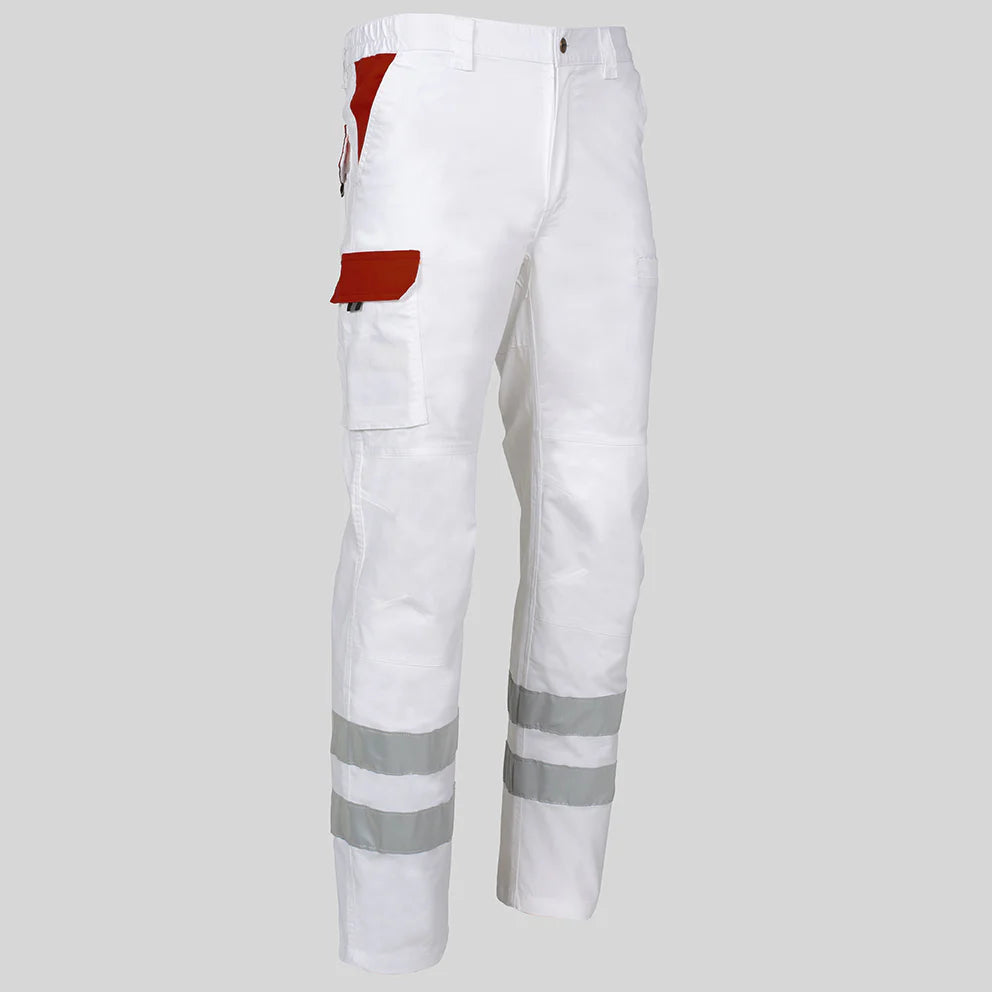 7502CB-101112 - PANTALON UNISEX MULTIBOLSILLOS ELASTICO ARCE COMBI + 2 BANDAS REFLECT. BLANCO/BURDEOS