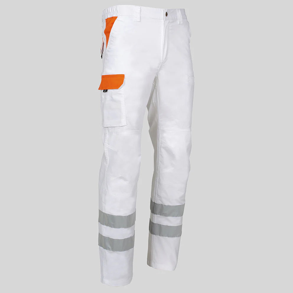 7502CB-101116 - PANTALON UNISEX MULTIBOLSILLOS ELASTICO ARCE COMBI + 2 BANDAS REFLECT. BLANCO/NARANJA