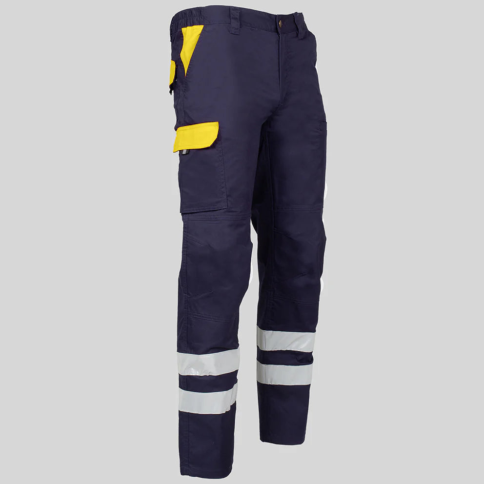 7502CB-104111 - PANTALON UNISEX MULTIBOLSILLOS ELASTICO ARCE COMBI + 2 BANDAS REFLECT. MARINO/AMARILLO