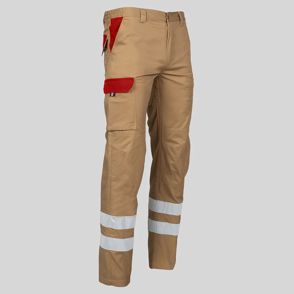 7502CB-110105 - PANTALON UNISEX MULTIBOLSILLOS ELASTICO ARCE COMBI + 2 BANDAS REFLECT. BEIGE/ROJO