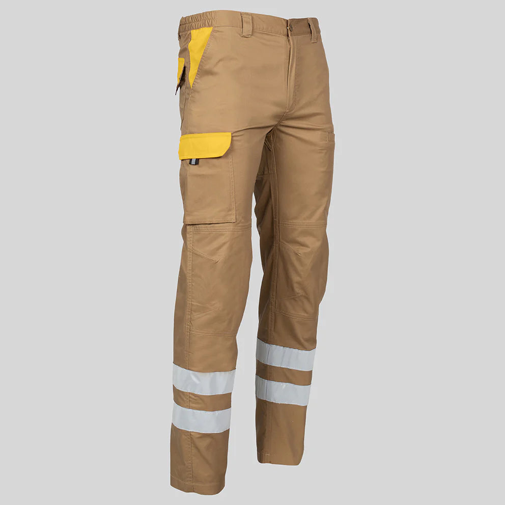 7502CB-110111 - PANTALON UNISEX MULTIBOLSILLOS ELASTICO ARCE COMBI + 2 BANDAS REFLECT. BEIGE/AMARILLO