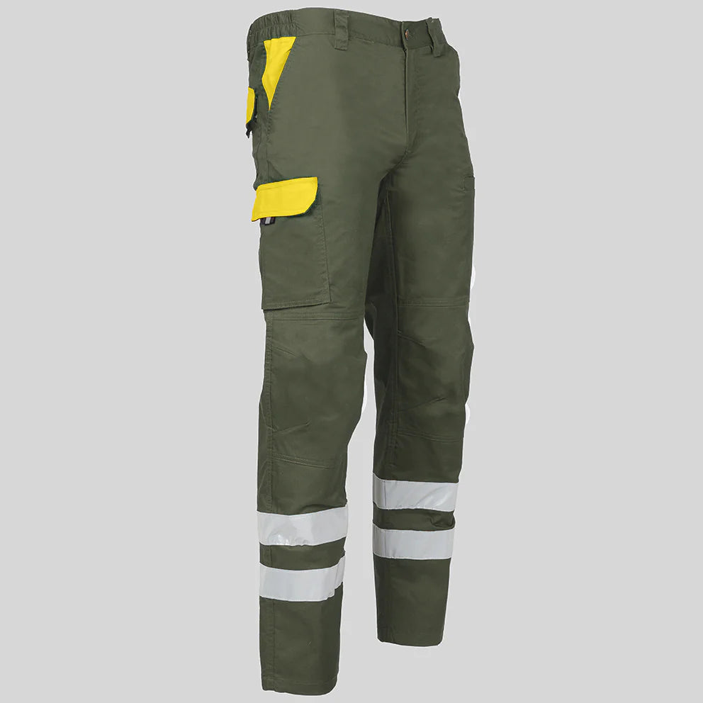 7502CB-149111 - PANTALON UNISEX MULTIBOLSILLOS ELASTICO ARCE COMBI + 2 BANDAS REFLECT. VERDE CAQUI/AMARILLO