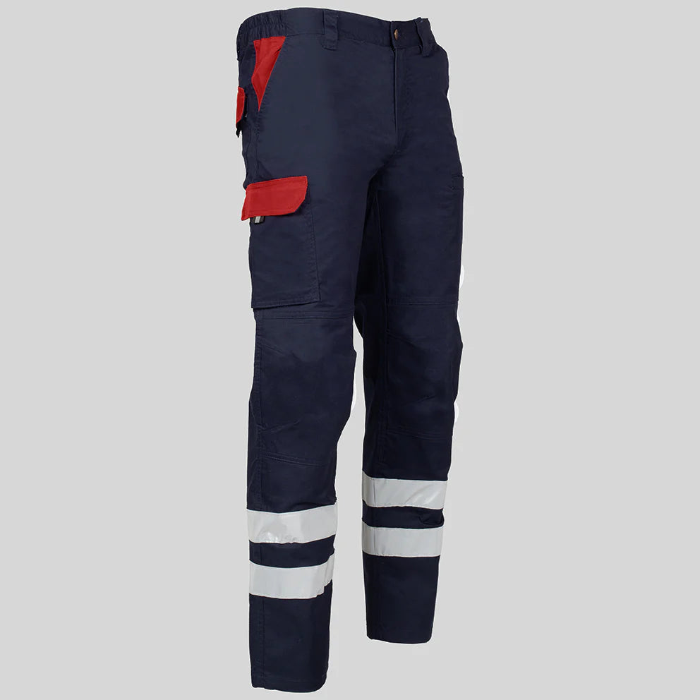 7502CB-159105 - PANTALON UNISEX MULTIBOLSILLOS ELASTICO ARCE COMBI + 2 BANDAS REFLECT. AZUL NAVY/ROJO