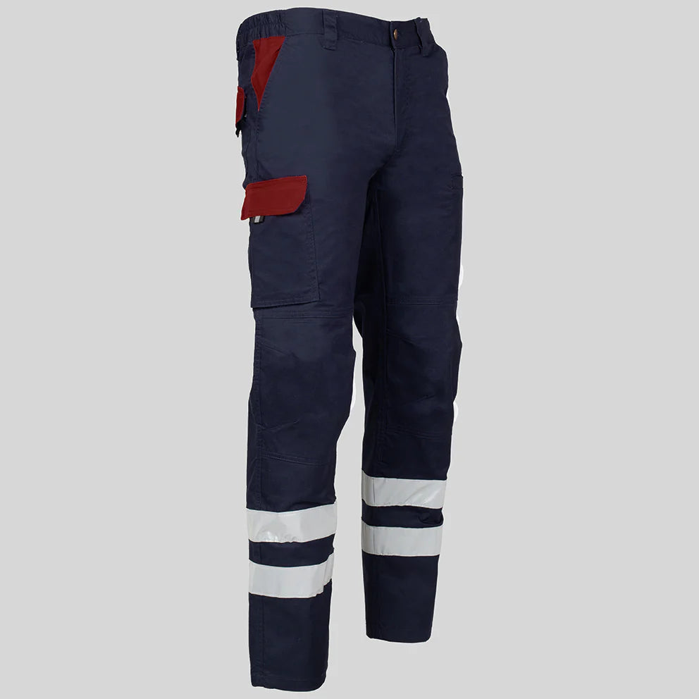 7502CB-159112 - PANTALON UNISEX MULTIBOLSILLOS ELASTICO ARCE COMBI + 2 BANDAS REFLECT. AZUL NAVY/BURDEOS