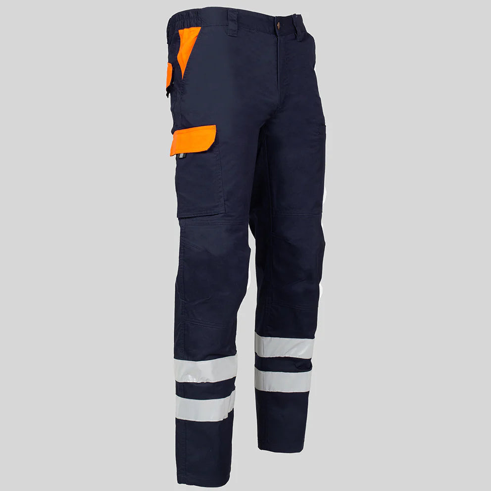 7502CB-159116 - PANTALON UNISEX MULTIBOLSILLOS ELASTICO ARCE COMBI + 2 BANDAS REFLECT. AZUL NAVY/NARANJA