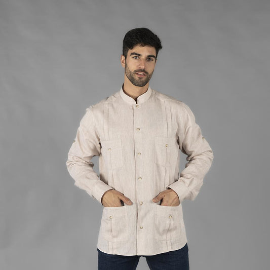 210003-110 - GUAYABERA HOMBRE CUELLO MAO BORNEO BEIGE