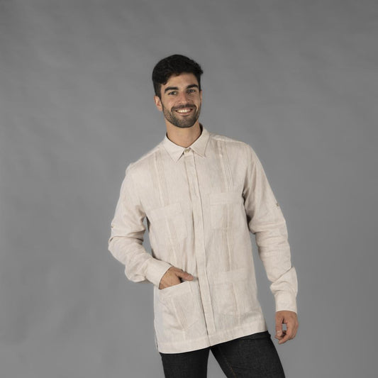 210005-110 - GUAYABERA HOMBRE CUELLO CAMISERO SALOMON BEIGE