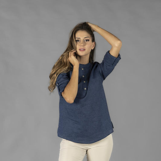 210006-104 - CAMISA MUJER LINO/COTTON CUELLO MAO KAULA MARINO