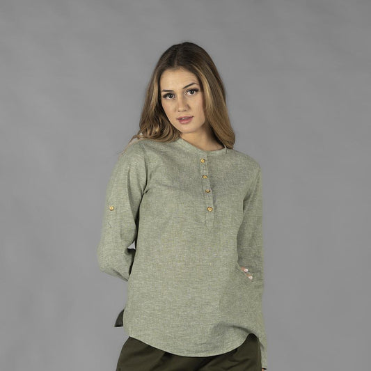 210006-154 - CAMISA MUJER LINO/COTTON CUELLO MAO KAULA VERDE MUSGO