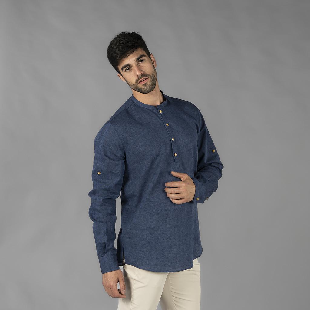 210007-104 - CAMISA HOMBRE LINO/COTTON CUELLO MAO TIWI MARINO