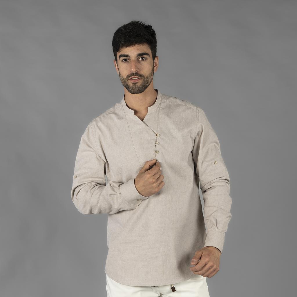 210009-110 - CAMISA HOMBRE CHAMBRAY CUELLO MAO NIAS BEIGE