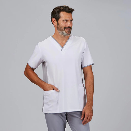 600103-117 - BLUSA HOMBRE ESCOTE PICO COMBINADA M/C GAEL GRIS PERLA