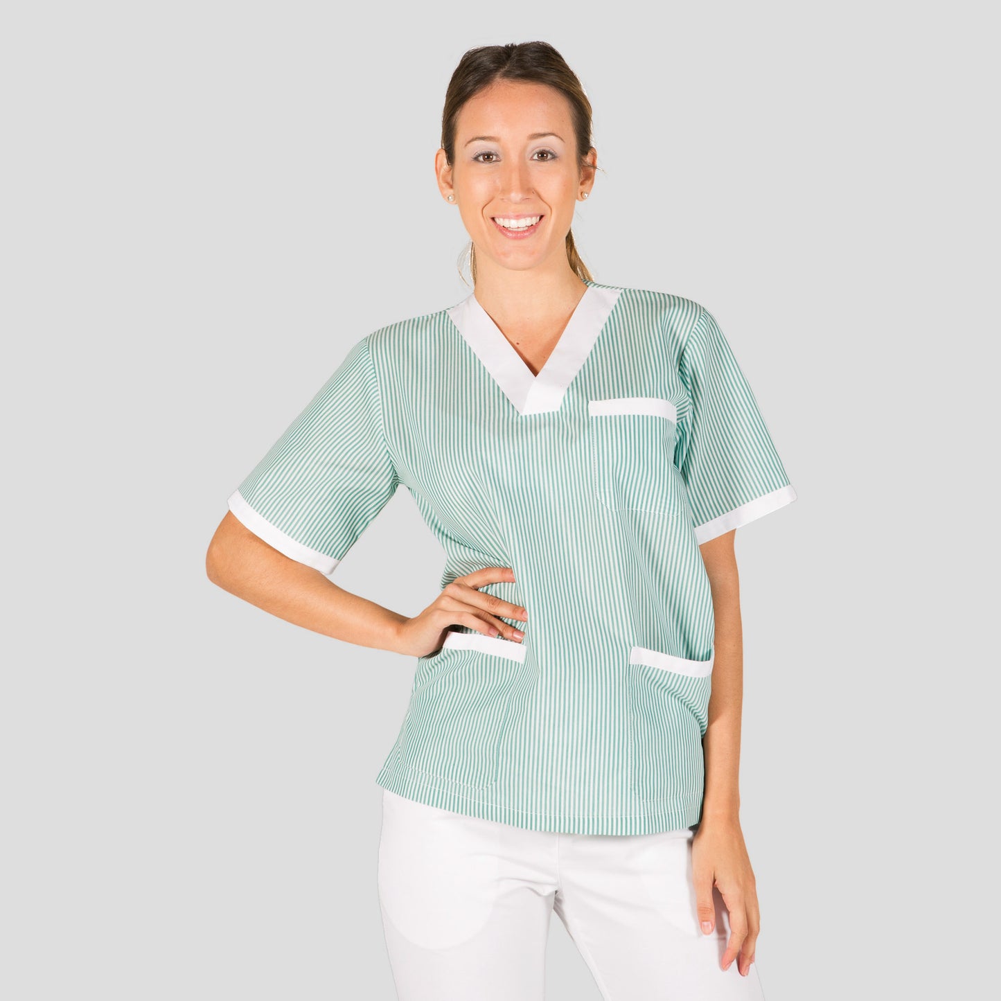 647000-404 - BLUSA SANITARIO UNISEX PICO VICHY COMBINADA RAYA VERDE