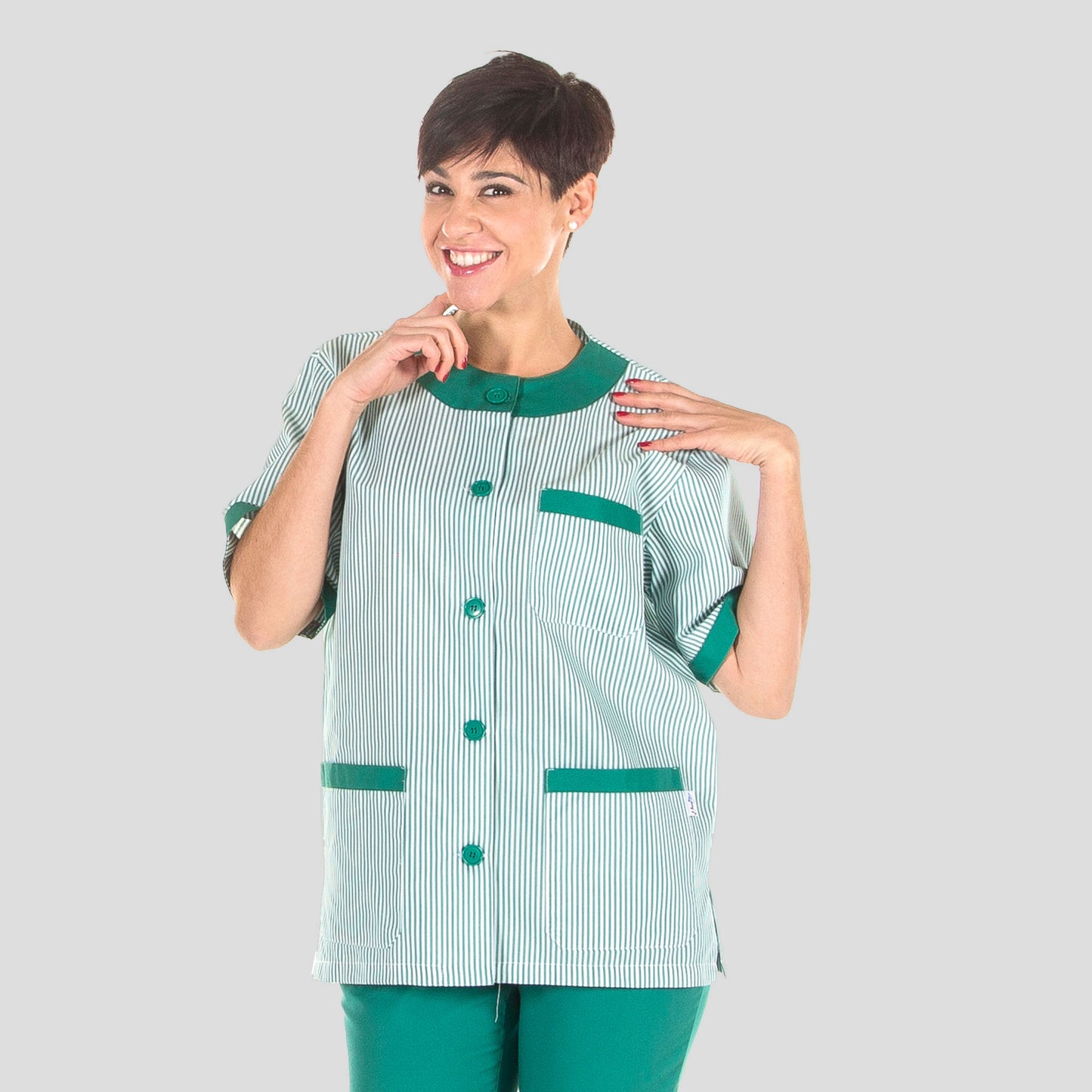 648000-404 - BLUSA SANITARIO UNISEX ABOTONADA VICHY COMBINADA RAYA VERDE