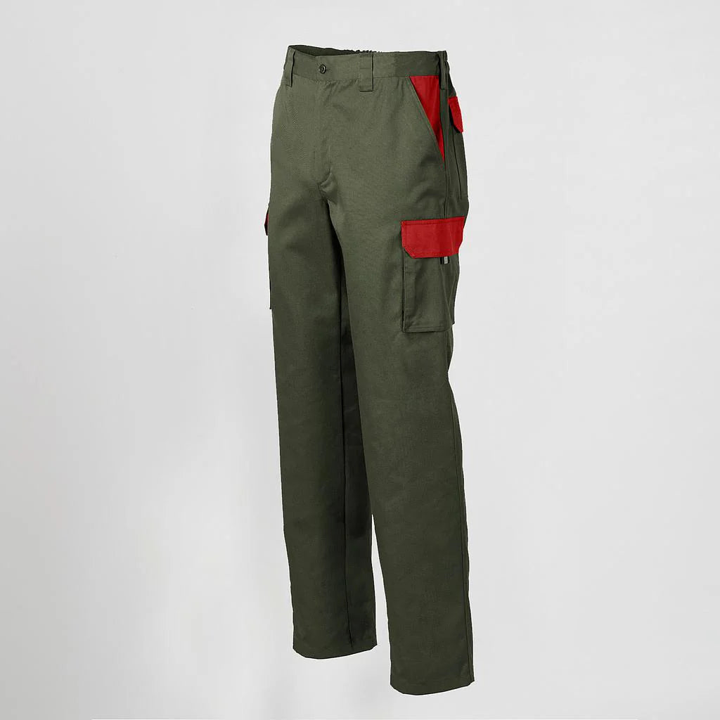 7501C1-149105 - PANTALON UNISEX MULTIBOLSILLOS ELASTICO GAMO COMBINADO VERDE CAQUI/ROJO