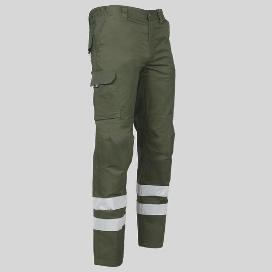 7502BR-149 - PANTALON UNISEX MULTIBOLSILLOS ELASTICO ARCE 2 BANDAS REFLECTANTES VERDE CAQUI