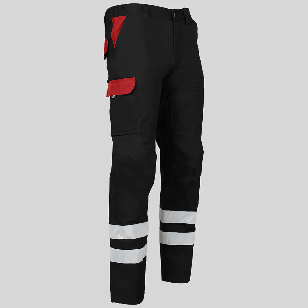 7502CB-001105 - PANTALON UNISEX MULTIBOLSILLOS ELASTICO ARCE COMBI + 2 BANDAS REFLECT. NEGRO/ROJO