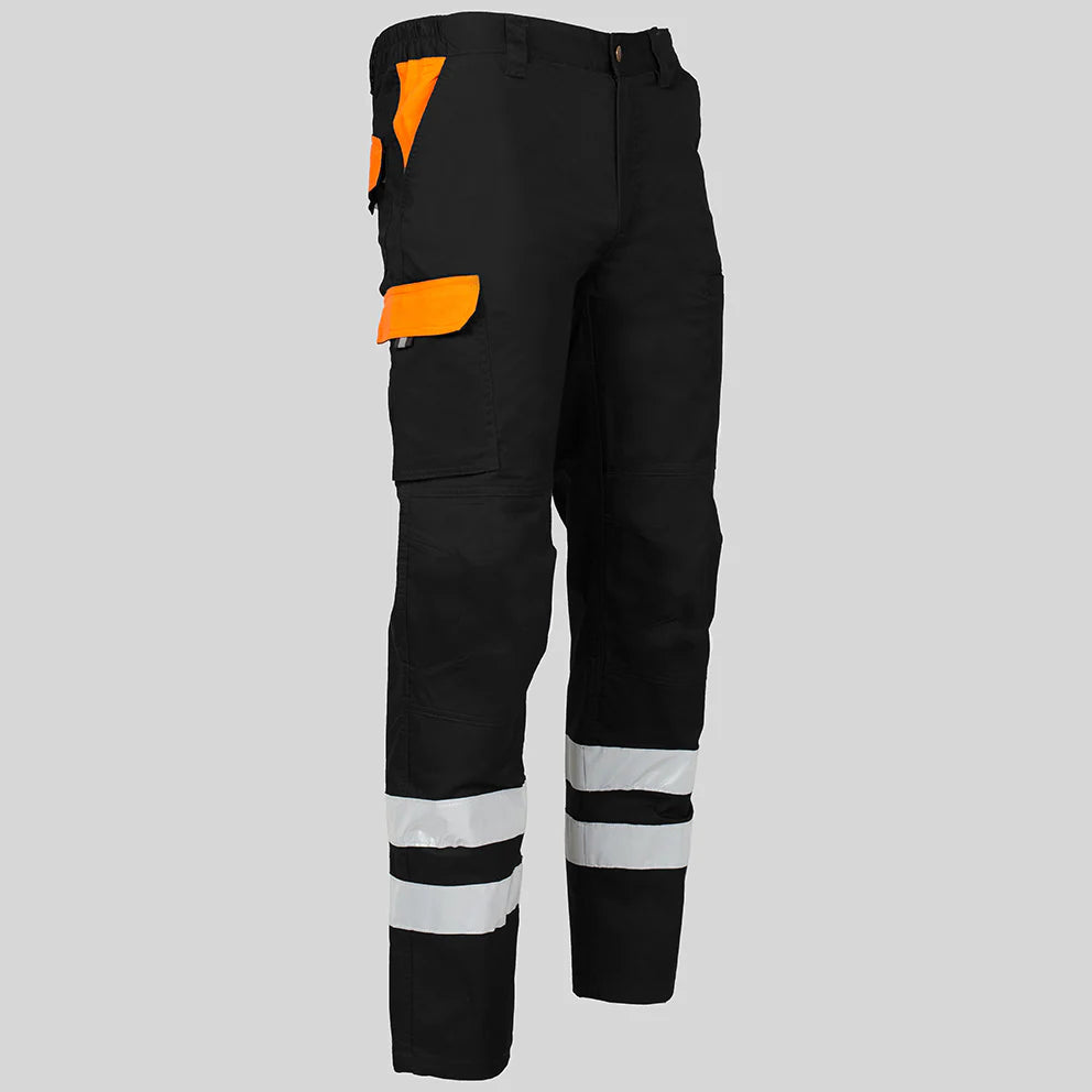 7502CB-001116 - PANTALON UNISEX MULTIBOLSILLOS ELASTICO ARCE COMBI + 2 BANDAS REFLECT. NEGRO/NARANJA