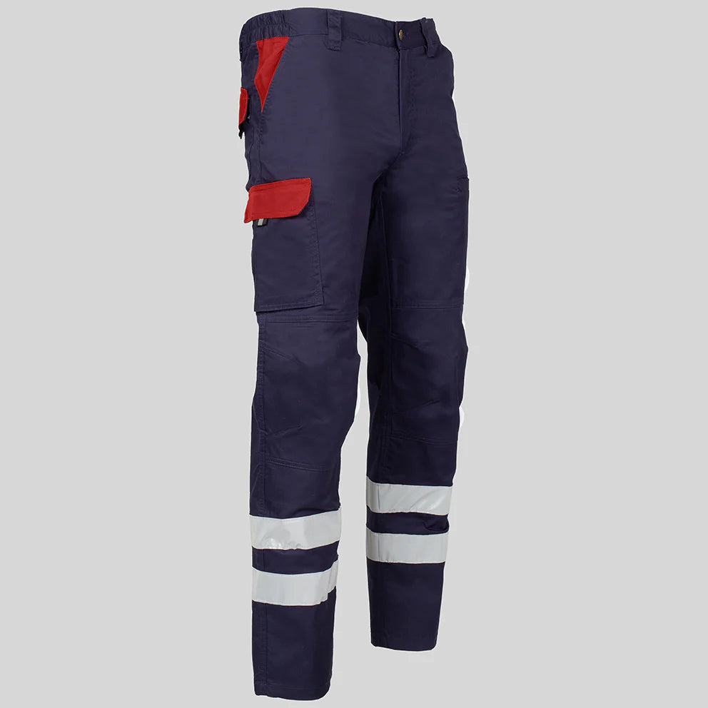 7502CB-104105 - PANTALON UNISEX MULTIBOLSILLOS ELASTICO ARCE COMBI + 2 BANDAS REFLECT. MARINO/ROJO