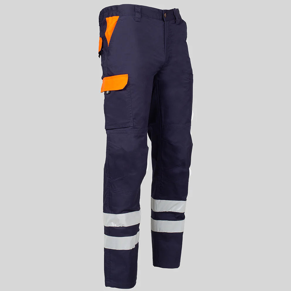 7502CB-104116 - PANTALON UNISEX MULTIBOLSILLOS ELASTICO ARCE COMBI + 2 BANDAS REFLECT. MARINO/NARANJA
