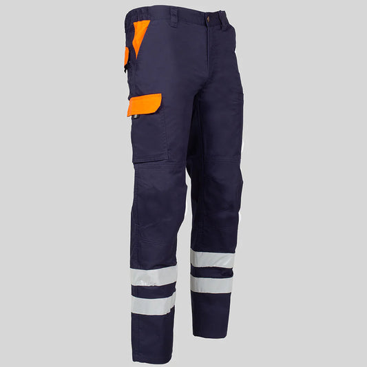 7502CB-104116 - PANTALON UNISEX MULTIBOLSILLOS ELASTICO ARCE COMBI + 2 BANDAS REFLECT. MARINO/NARANJA