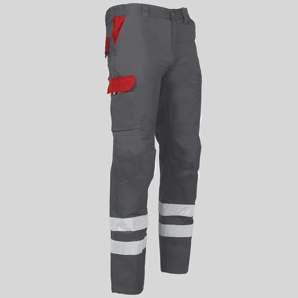 7502CB-109105 - PANTALON UNISEX MULTIBOLSILLOS ELASTICO ARCE COMBI + 2 BANDAS REFLECT. GRIS/ROJO