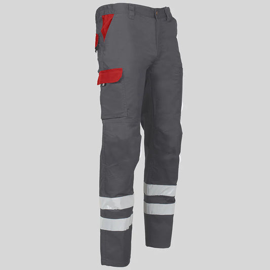 7502CB-109105 - PANTALON UNISEX MULTIBOLSILLOS ELASTICO ARCE COMBI + 2 BANDAS REFLECT. GRIS/ROJO