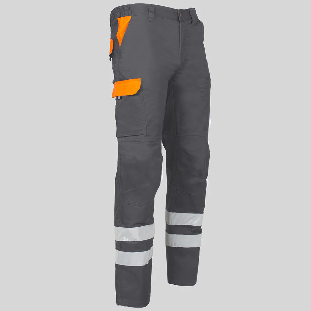 7502CB-109116 - PANTALON UNISEX MULTIBOLSILLOS ELASTICO ARCE COMBI + 2 BANDAS REFLECT. GRIS/NARANJA