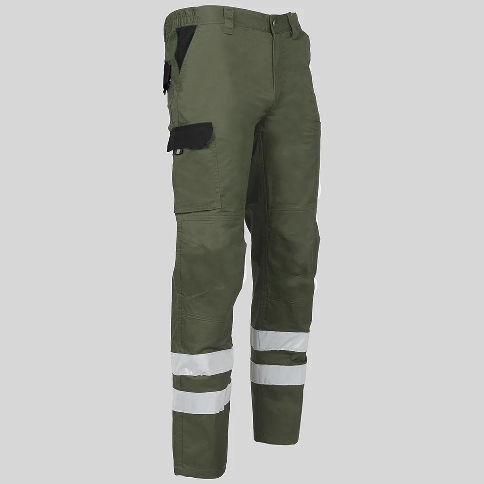 7502CB-149001 - PANTALON UNISEX MULTIBOLSILLOS ELASTICO ARCE COMBI + 2 BANDAS REFLECT. VERDE CAQUI/NEGRO