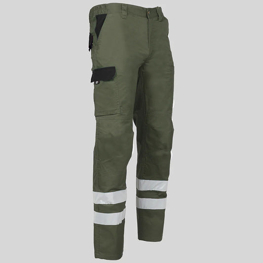 7502CB-149001 - PANTALON UNISEX MULTIBOLSILLOS ELASTICO ARCE COMBI + 2 BANDAS REFLECT. VERDE CAQUI/NEGRO