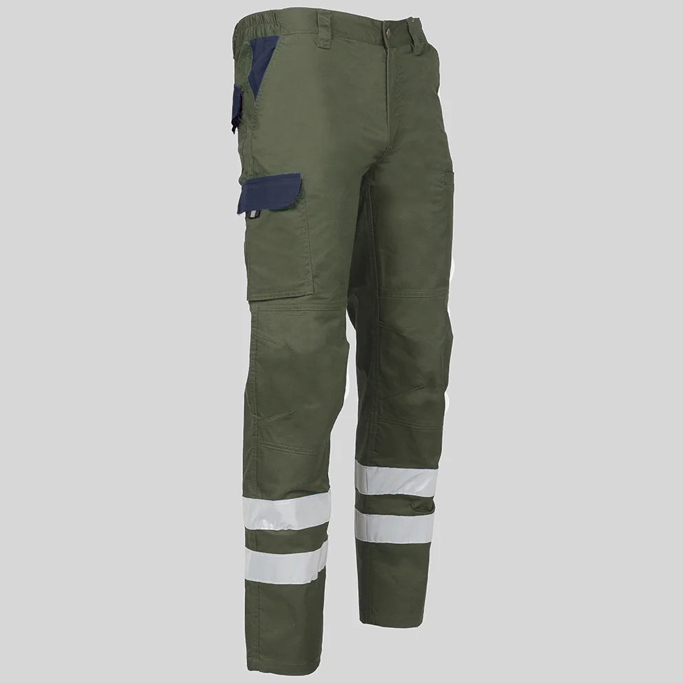 7502CB-149104 - PANTALON UNISEX MULTIBOLSILLOS ELASTICO ARCE COMBI + 2 BANDAS REFLECT. VERDE CAQUI/MARINO