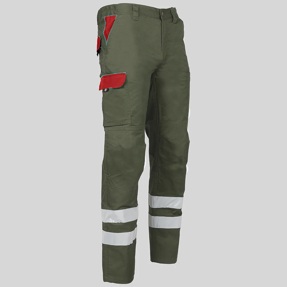 7502CB-149105 - PANTALON UNISEX MULTIBOLSILLOS ELASTICO ARCE COMBI + 2 BANDAS REFLECT. VERDE CAQUI/ROJO