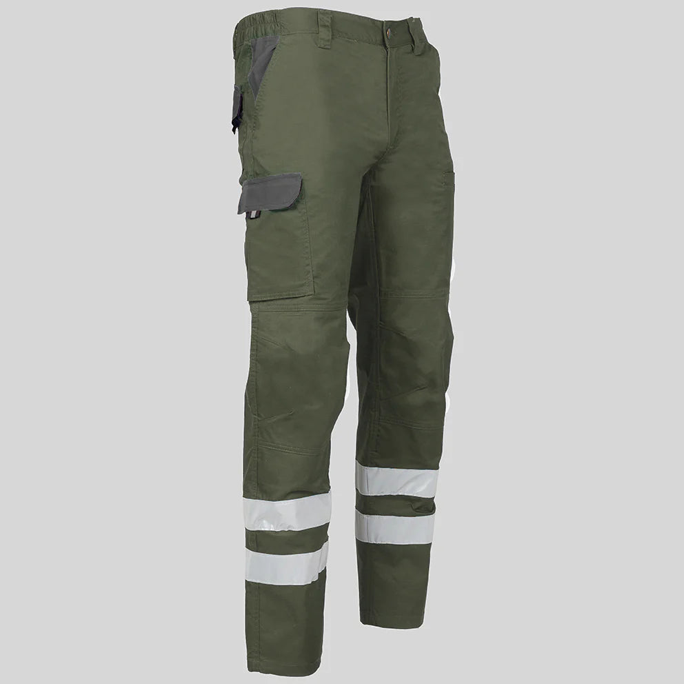7502CB-149109 - PANTALON UNISEX MULTIBOLSILLOS ELASTICO ARCE COMBI + 2 BANDAS REFLECT. VERDE CAQUI/GRIS