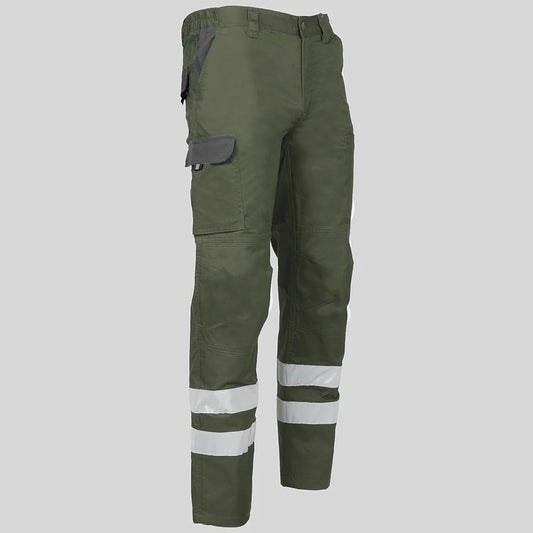 7502CB-149109 - PANTALON UNISEX MULTIBOLSILLOS ELASTICO ARCE COMBI + 2 BANDAS REFLECT. VERDE CAQUI/GRIS