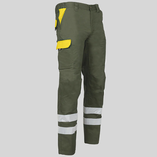 7502CB-149111 - PANTALON UNISEX MULTIBOLSILLOS ELASTICO ARCE COMBI + 2 BANDAS REFLECT. VERDE CAQUI/AMARILLO