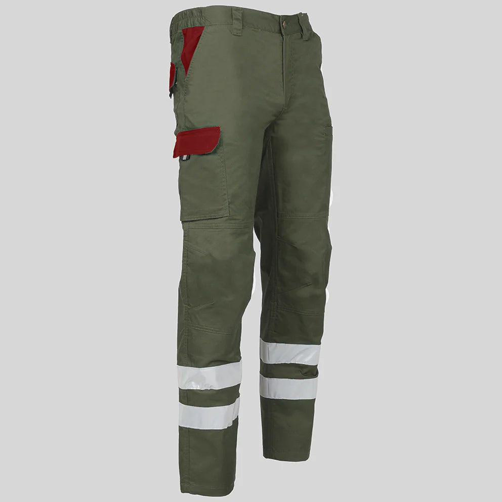 7502CB-149112 - PANTALON UNISEX MULTIBOLSILLOS ELASTICO ARCE COMBI + 2 BANDAS REFLECT. VERDE CAQUI/BURDEOS