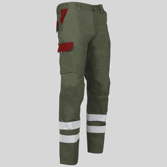 7502CB-149112 - PANTALON UNISEX MULTIBOLSILLOS ELASTICO ARCE COMBI + 2 BANDAS REFLECT. VERDE CAQUI/BURDEOS