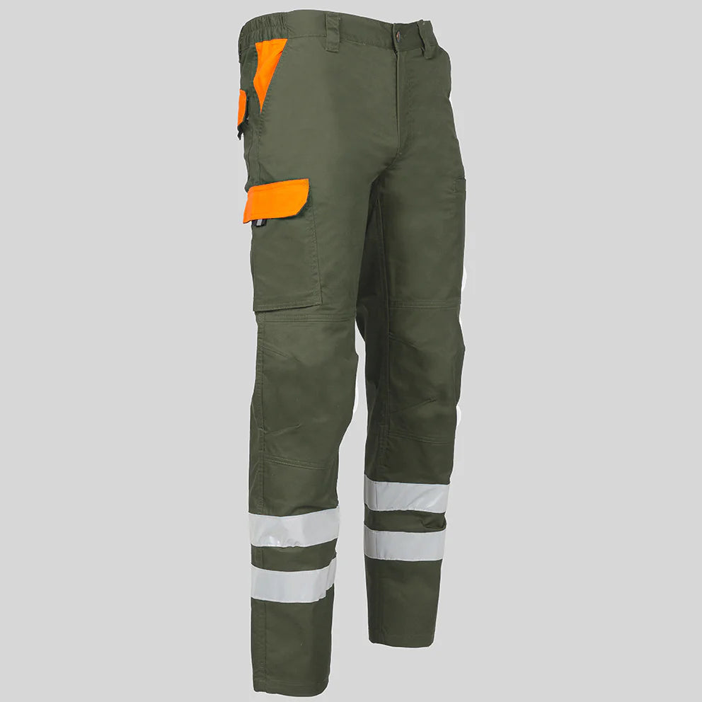 7502CB-149116 - PANTALON UNISEX MULTIBOLSILLOS ELASTICO ARCE COMBI + 2 BANDAS REFLECT. VERDE CAQUI/NARANJA