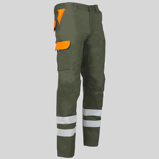7502CB-149116 - PANTALON UNISEX MULTIBOLSILLOS ELASTICO ARCE COMBI + 2 BANDAS REFLECT. VERDE CAQUI/NARANJA